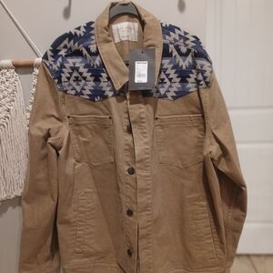 Men's Tan and Blue Patterned Shirt Jacket